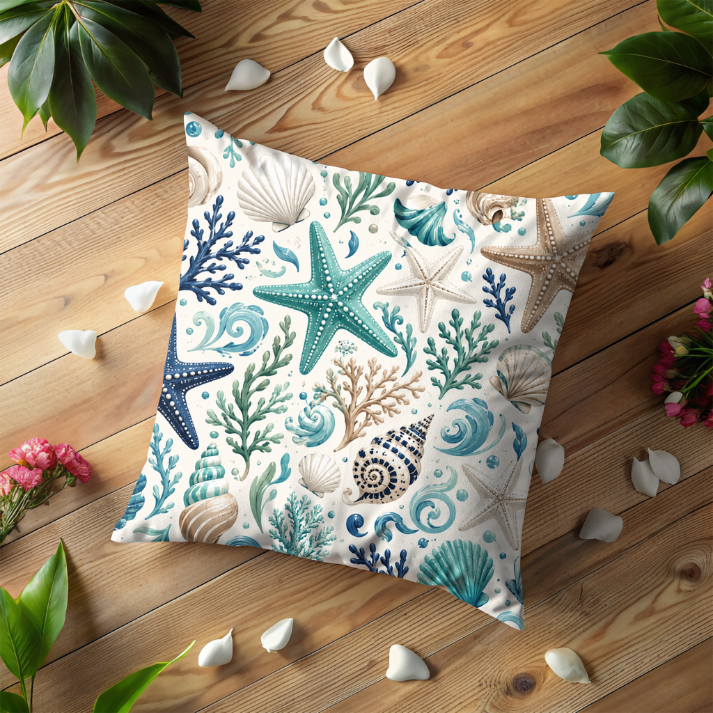 Teal Seashells Pillow Cover | Coastal Nautical Art | Beach Boho Decor