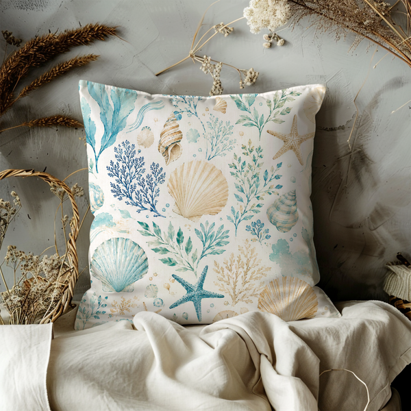 Coastal Seashell Pillow Cover – Watercolor Starfish Coral  Cover | Beach House Nautical Decor
