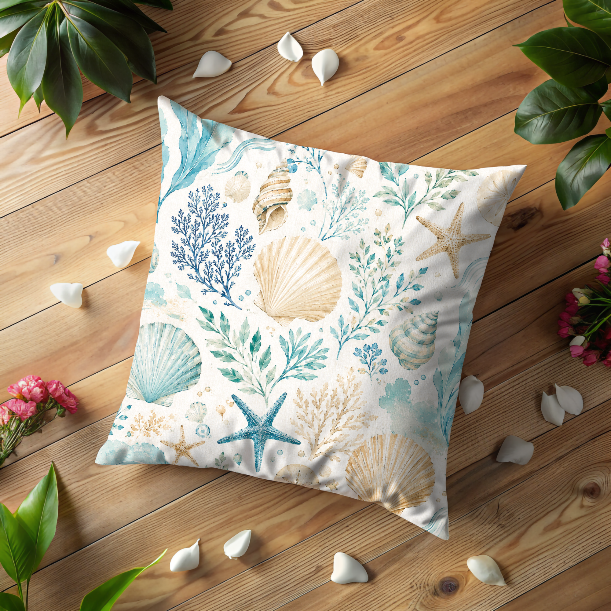 Coastal Seashell Pillow Case | Watercolor Starfish Coral Throw Pillow Cover | Beach House Nautical Decor