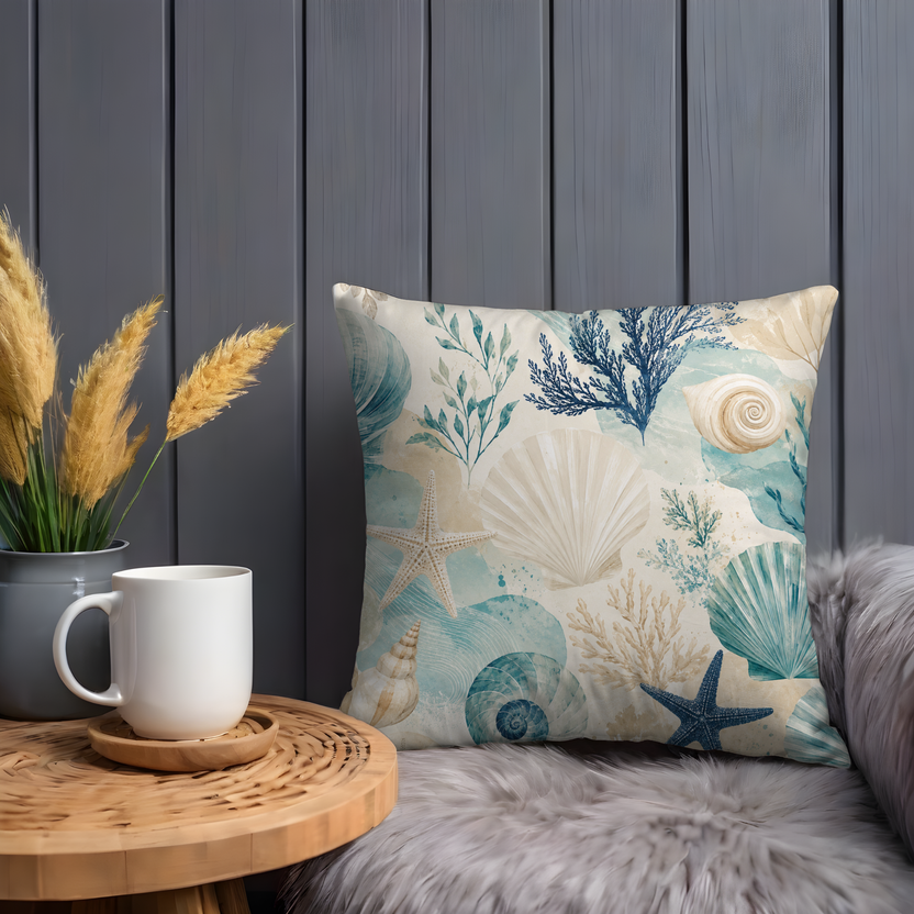 Teal Seashells Pillow Cover – Coastal Nautical Art | Beach Boho Decor
