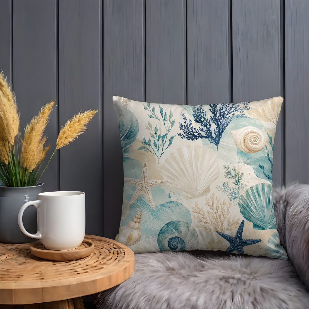 Teal Seashells Pillow Cover | Coastal Nautical Art | Beach Boho Decor