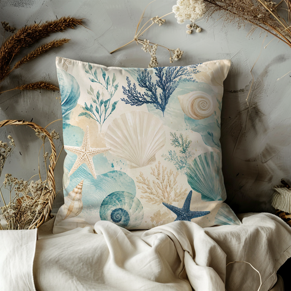 Teal Seashells Pillow Cover – Coastal Nautical Art | Beach Boho Decor