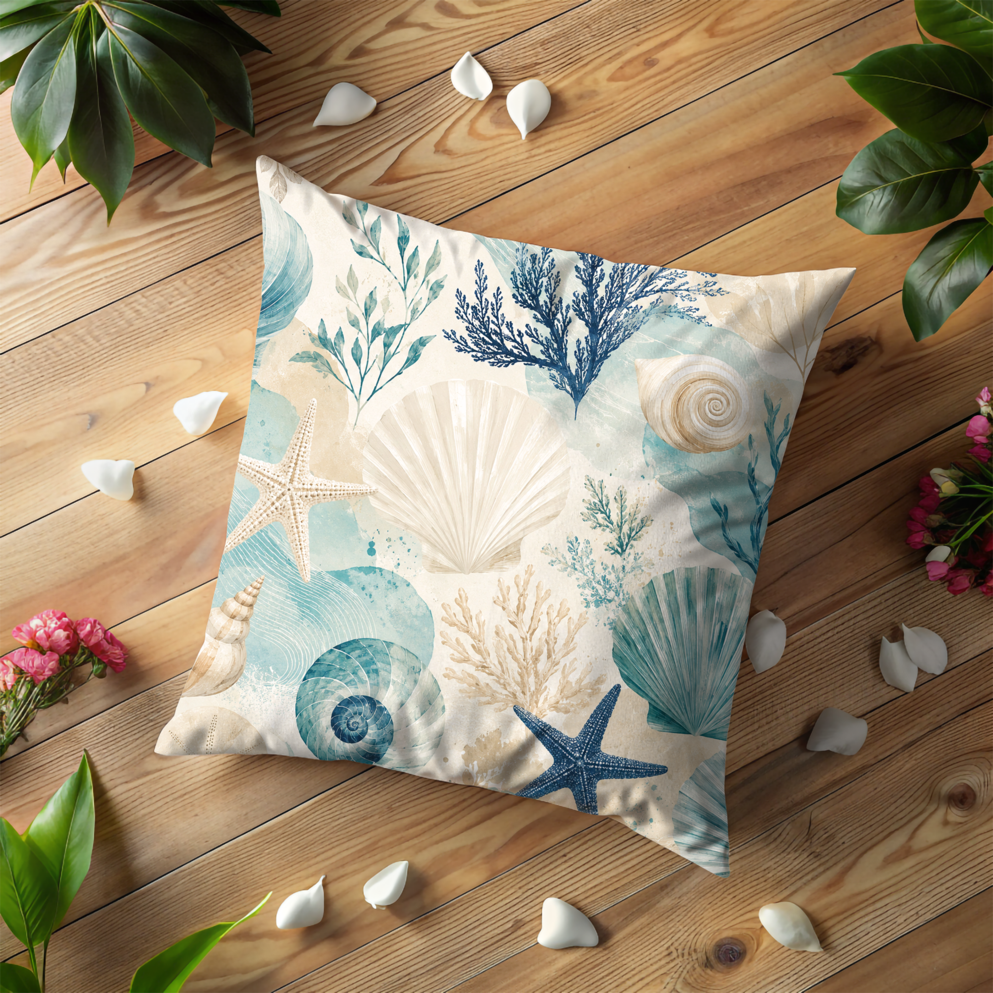 Teal Seashells Pillow Cover | Coastal Nautical Art | Beach Boho Decor