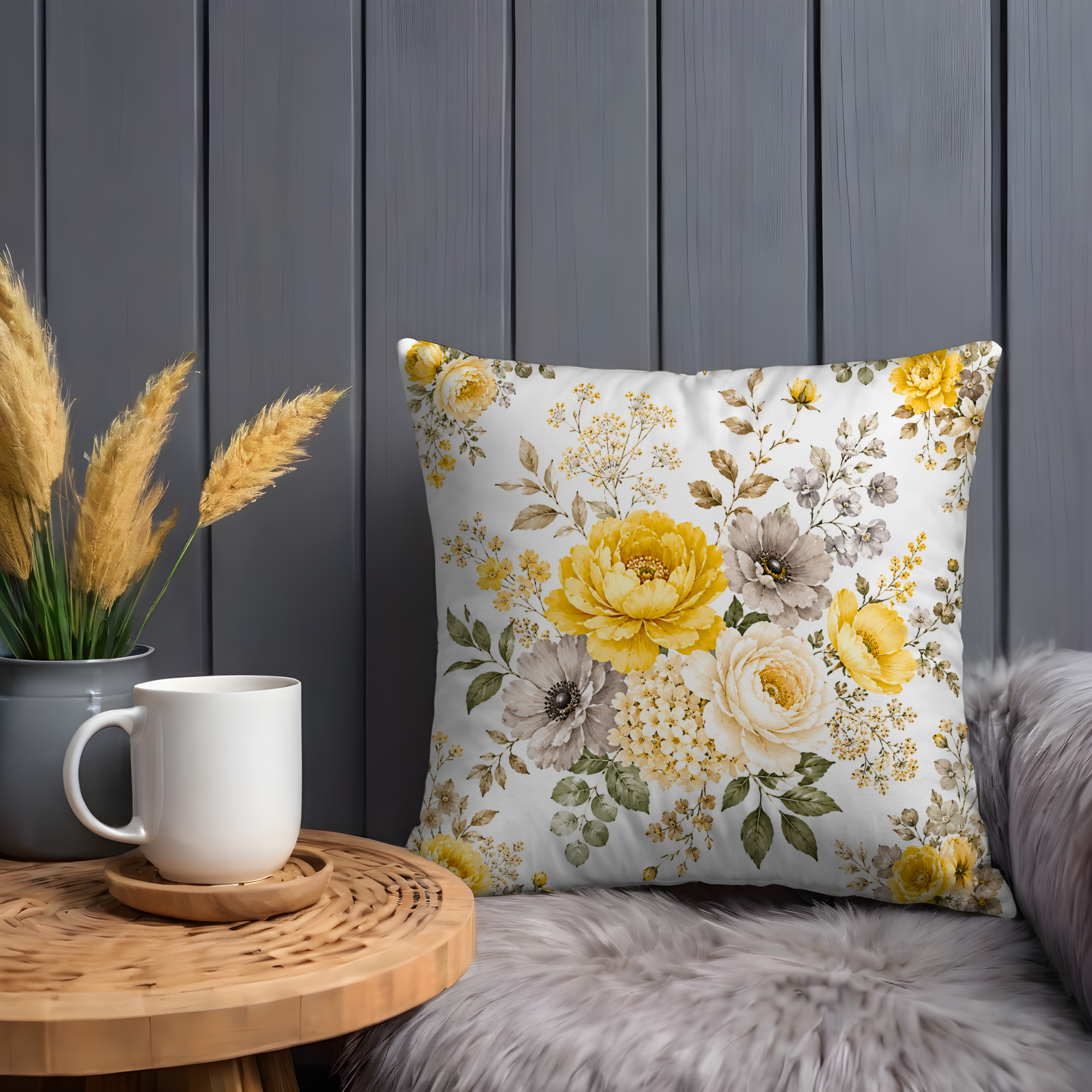 Yellow Grey Floral Pillow Cover | Elegant Garden Art | Romantic Nature Decor