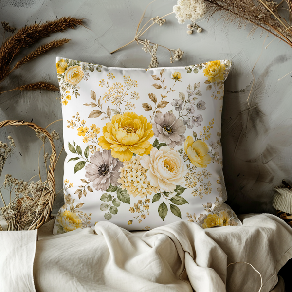Yellow Grey Floral Pillow Cover – Elegant Garden Art | Romantic Nature Decor