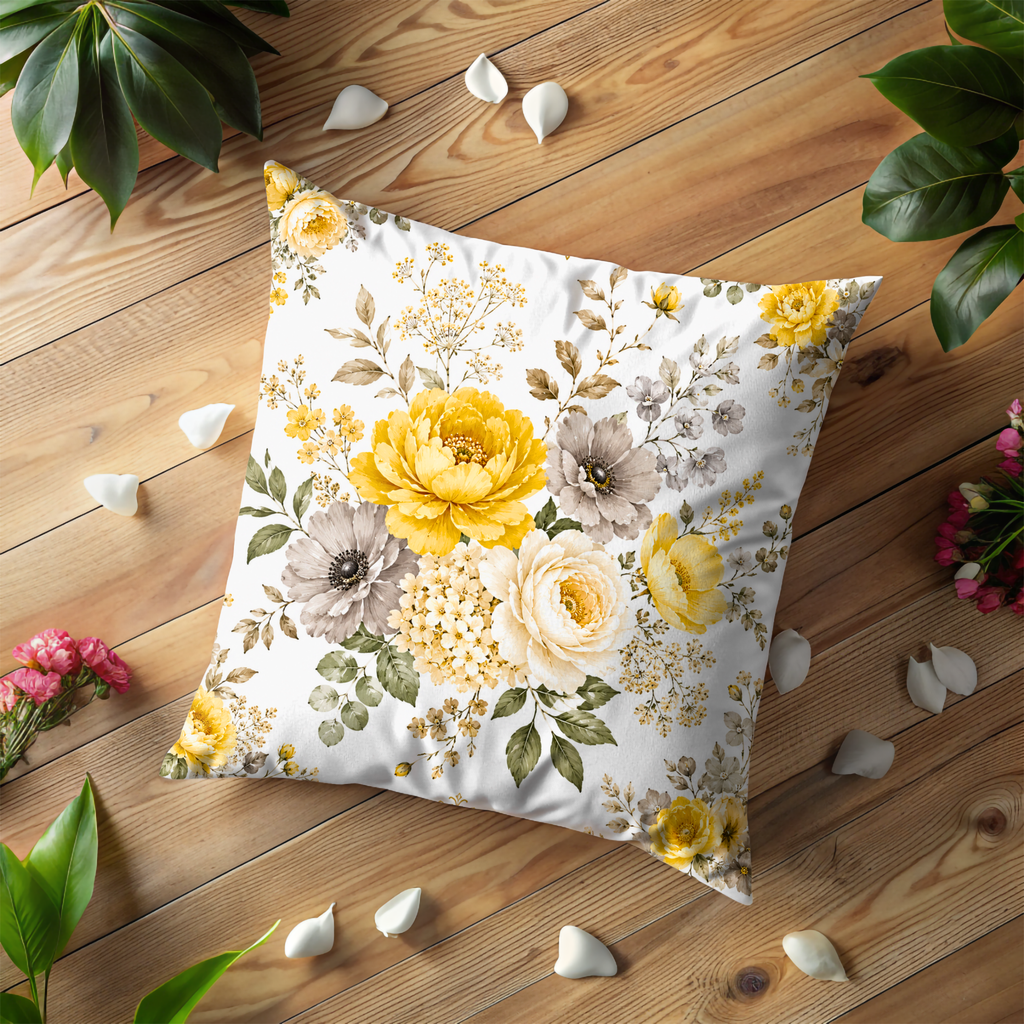 Yellow Grey Floral Pillow Cover | Elegant Garden Art | Romantic Nature Decor