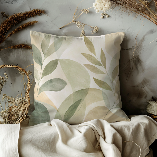 Sage Green Leaf Pillow Cover – Modern Botanical Art | Neutral Boho Decor