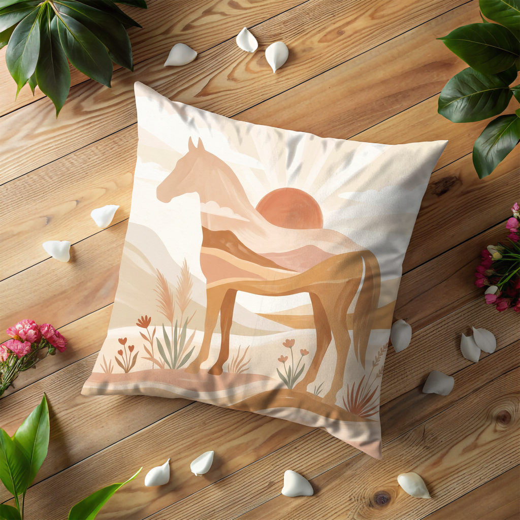 Horse Sunset Pillow Cover | Serene Landscape Art | Neutral Boho Decor