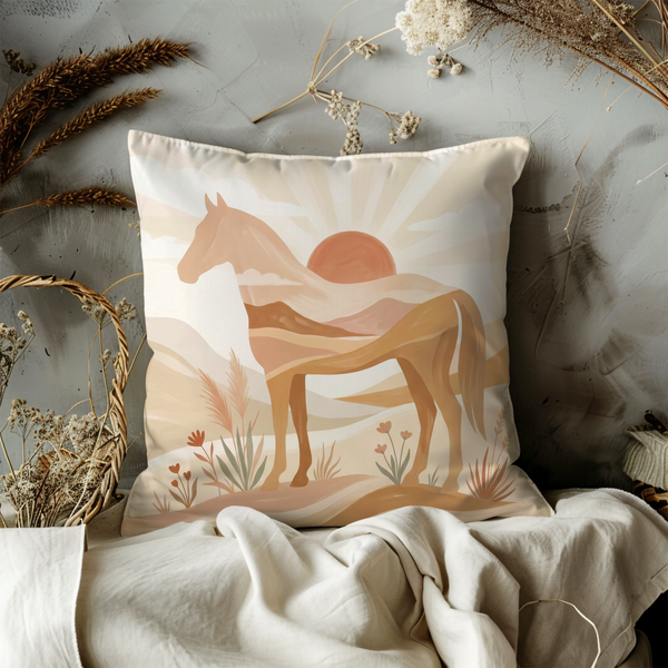 Horse Sunset Pillow Cover – Serene Landscape Art | Neutral Boho Decor