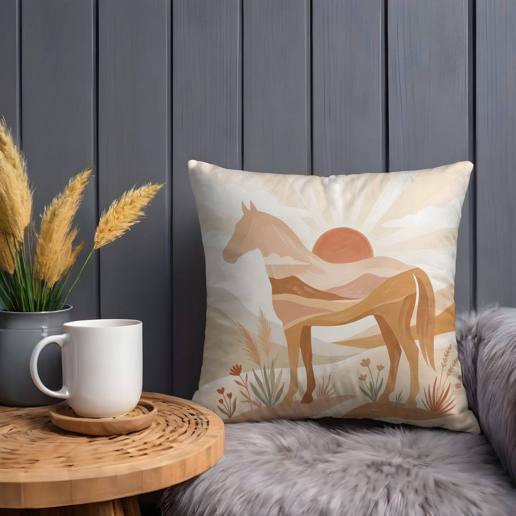 Horse Sunset Pillow Cover | Serene Landscape Art | Neutral Boho Decor