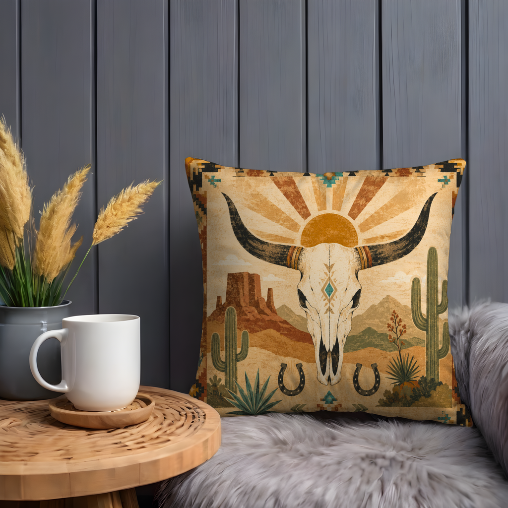 Longhorn Skull Pillow Cover | Western Desert Art | Rustic Boho Decor