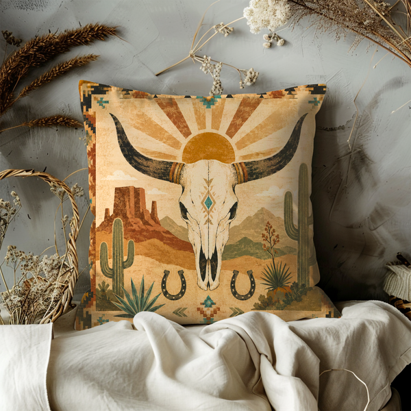 Longhorn Skull Pillow Cover – Western Desert Art | Rustic Boho Decor