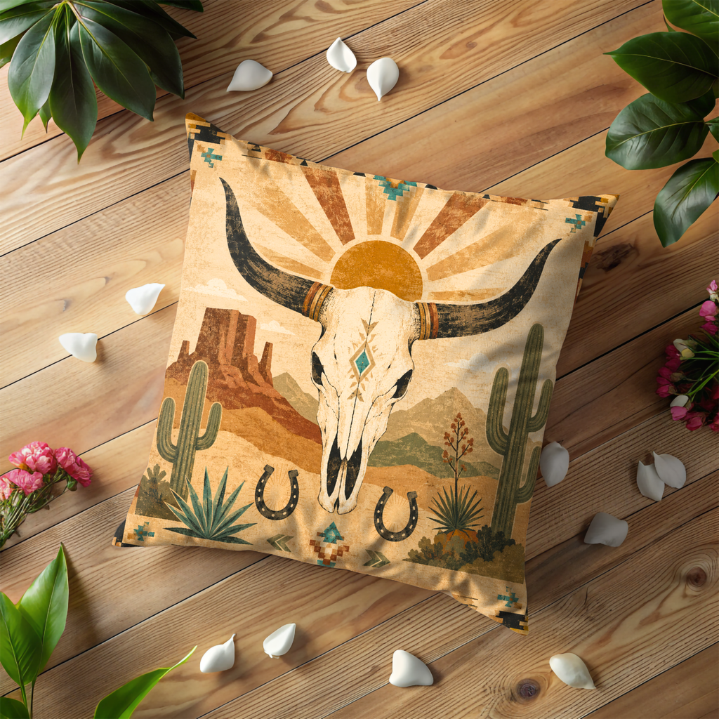 Longhorn Skull Pillow Cover | Western Desert Art | Rustic Boho Decor