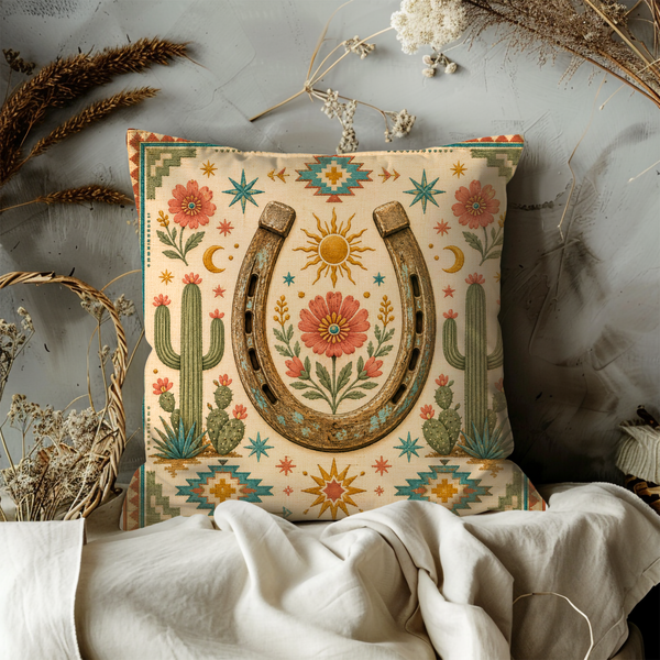 Horseshoe Floral Pillow Cover – Southwestern Rustic Art | Western Boho Decor