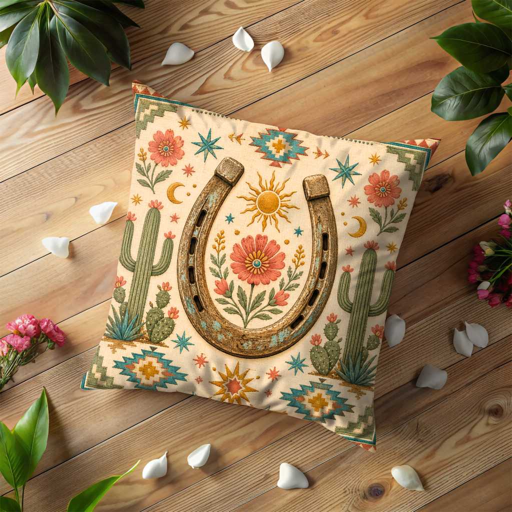 Horseshoe Floral Pillow Cover | Southwestern Rustic Art | Western Boho Decor