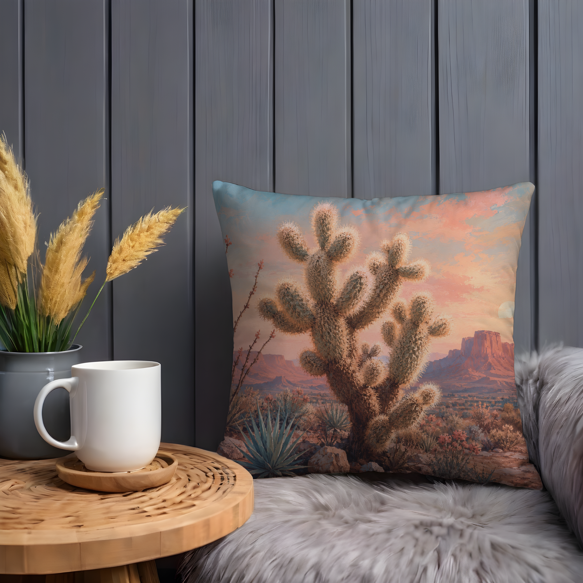 Desert Cactus Pillow Cover | Sunset Landscape Art | Southwestern Decor