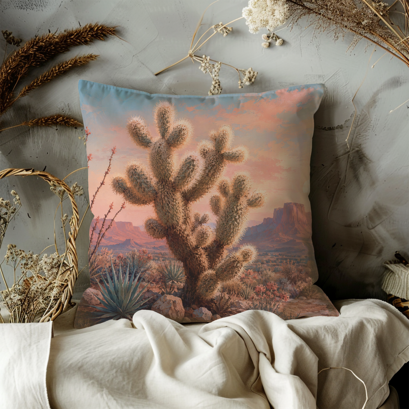 Desert Cactus Pillow Cover – Sunset Landscape Art | Southwestern Decor