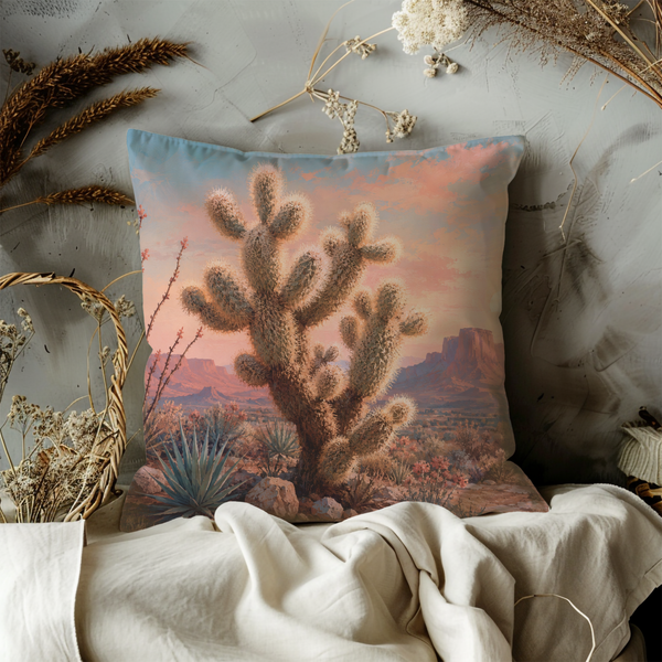 Desert Cactus Pillow Cover – Sunset Landscape Art | Southwestern Decor