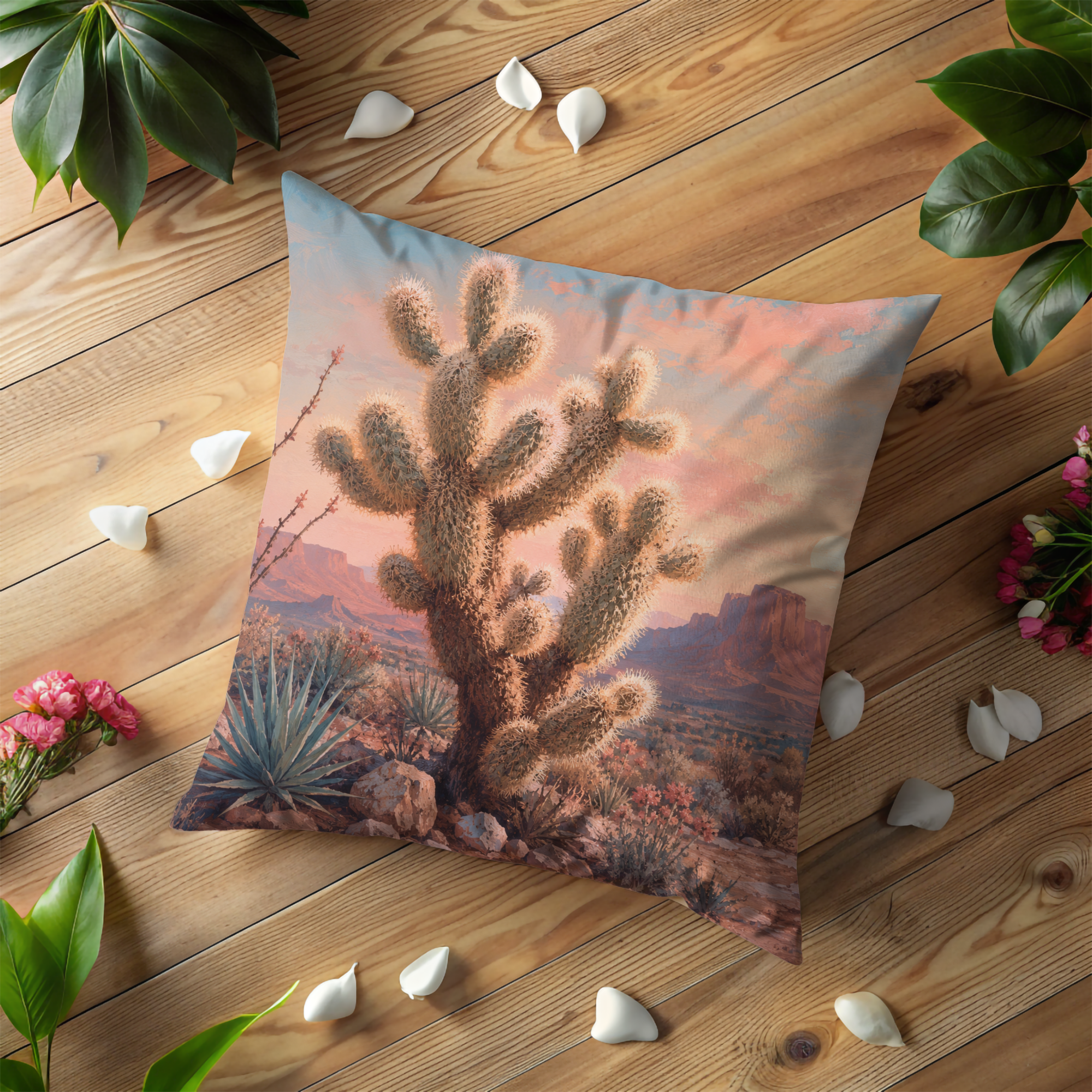 Desert Cactus Pillow Cover | Sunset Landscape Art | Southwestern Decor