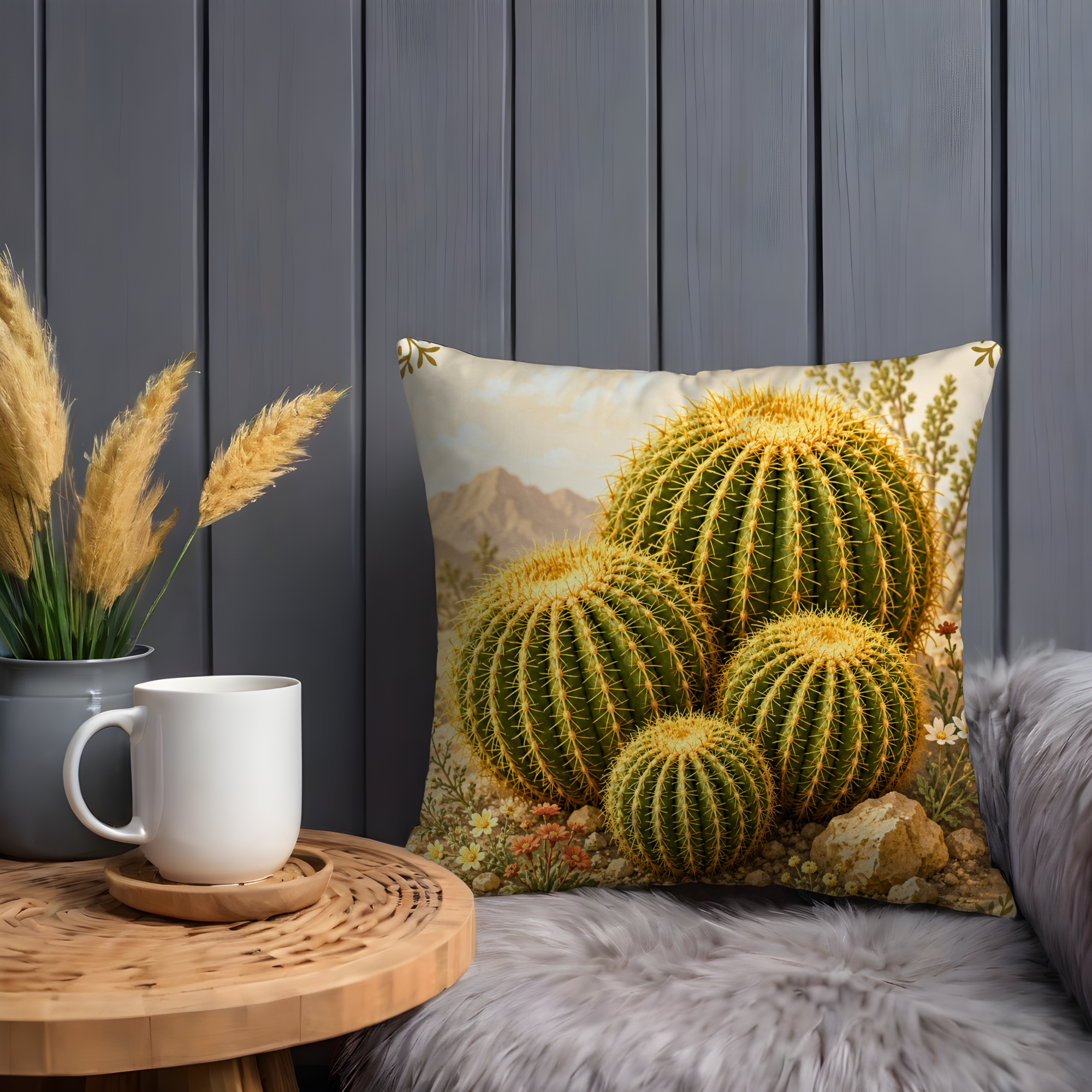 Barrel Cactus Pillow Cover | Desert Landscape Art | Neutral Boho Decor