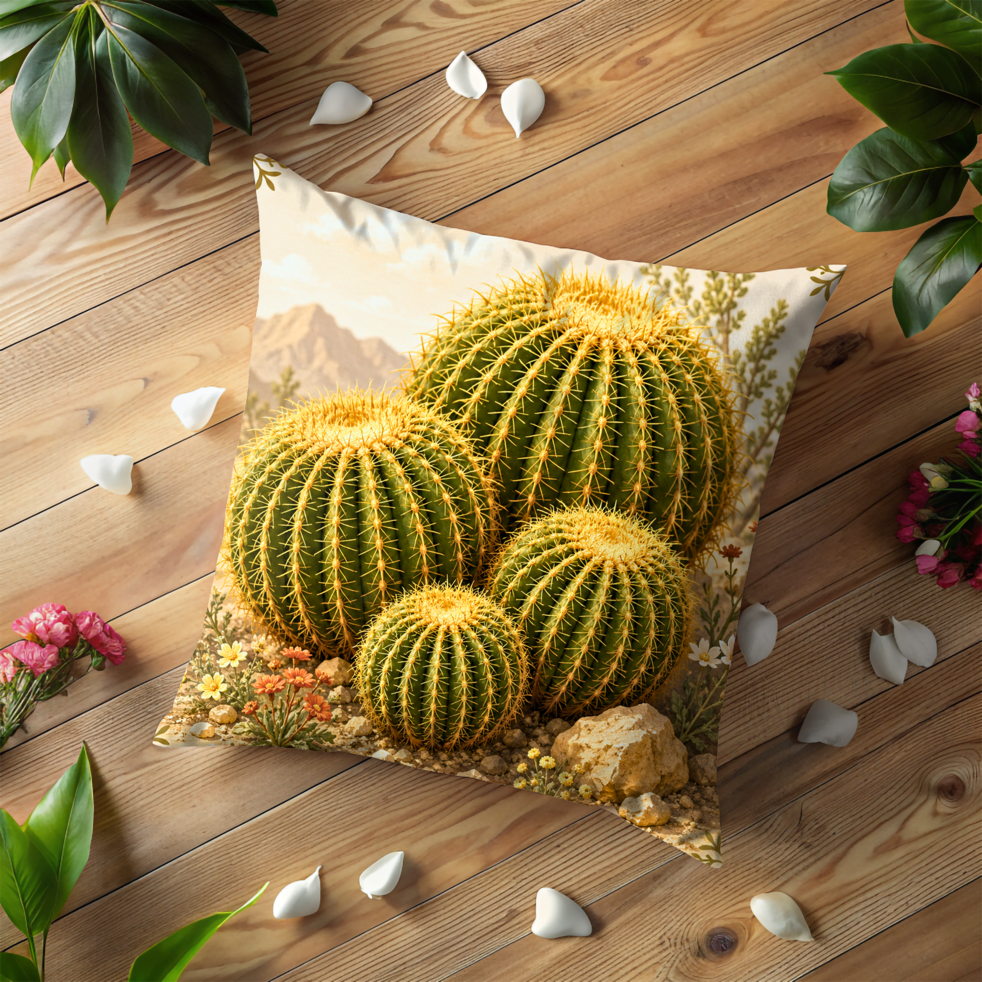Barrel Cactus Pillow Cover | Desert Landscape Art | Neutral Boho Decor
