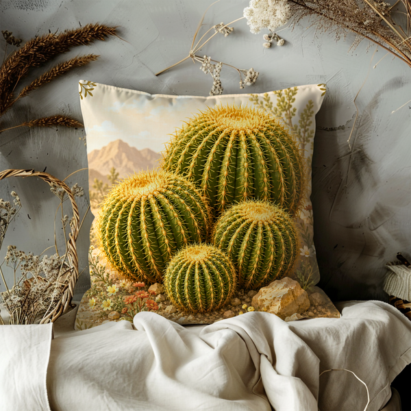 Barrel Cactus Pillow Cover – Desert Landscape Art | Neutral Boho Decor