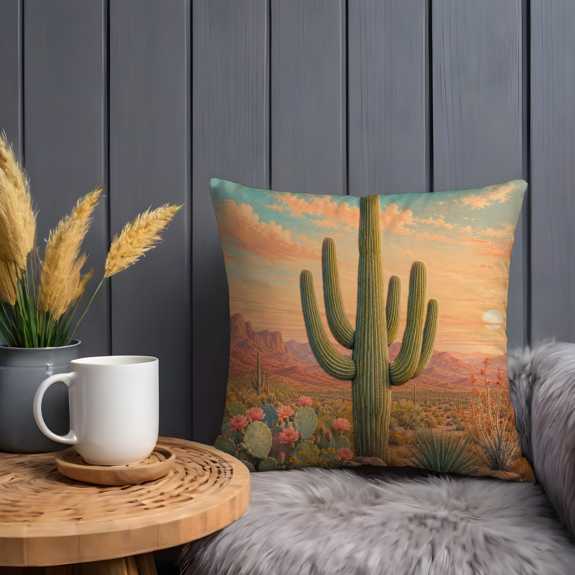 Saguaro Cactus Pillow Cover | Desert Sunset Art | Southwestern Decor