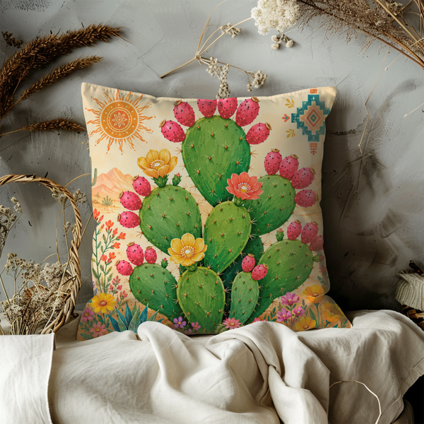 Prickly Pear Cactus Pillow Cover – Vibrant Desert Art | Southwestern Decor