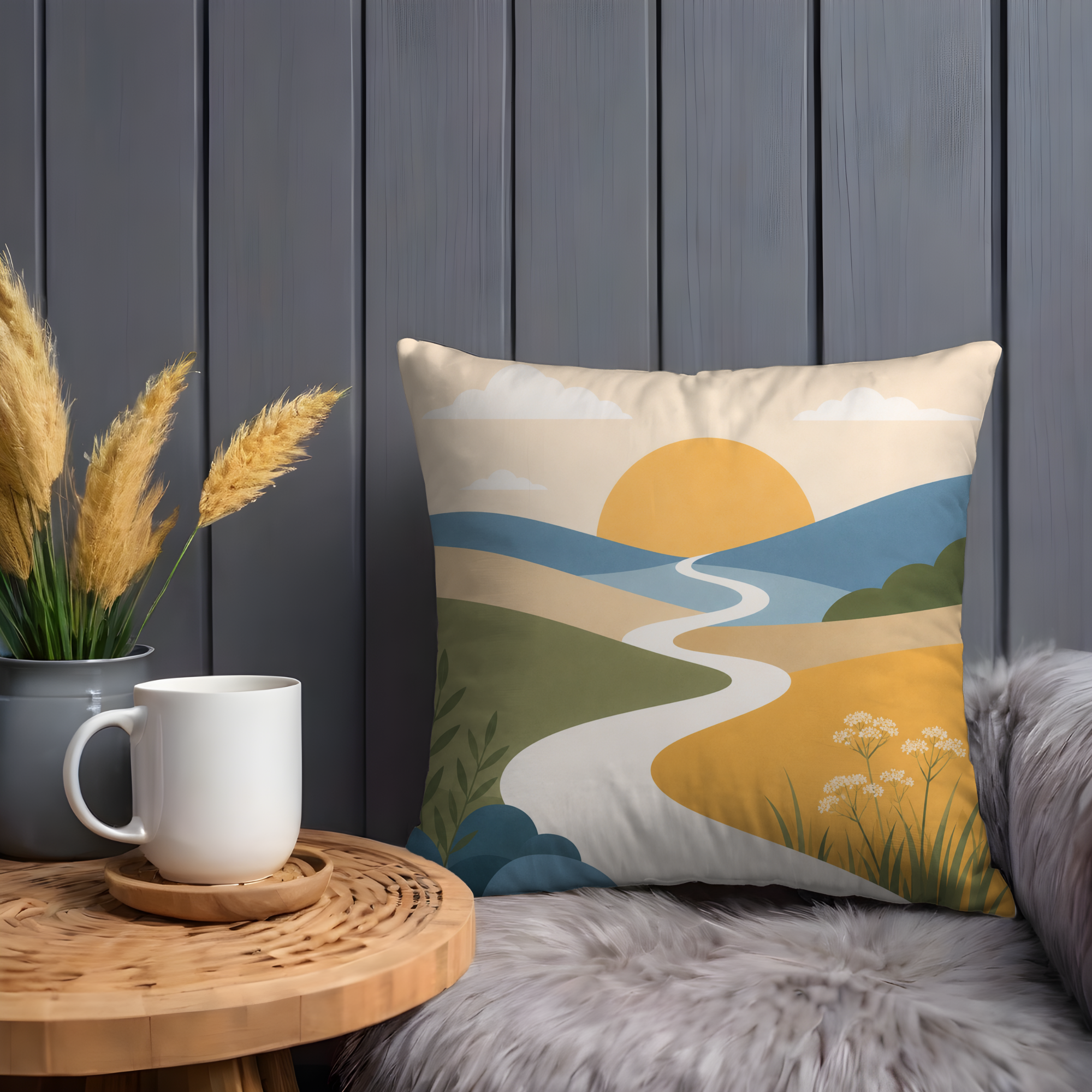 Minimalist Landscape Pillow Cover | Serene Sunset Art | Calm Nature Decor
