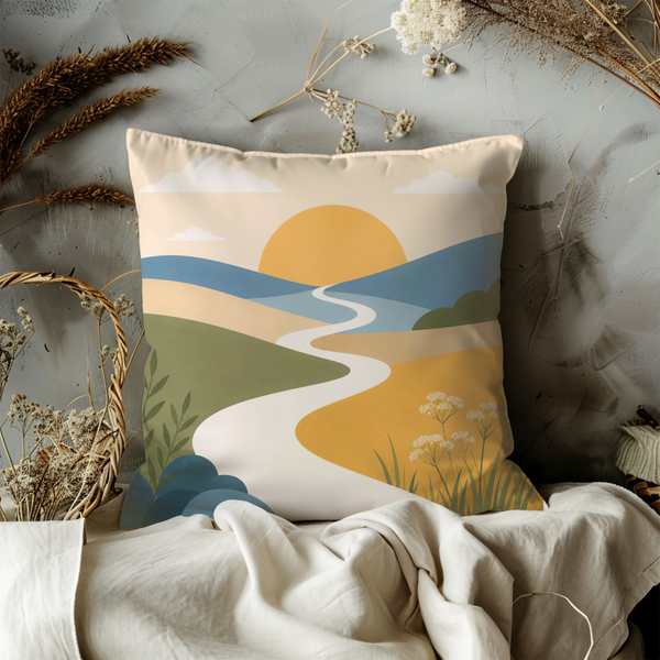 Minimalist Landscape Pillow Cover – Serene Sunset Art | Calm Nature Decor