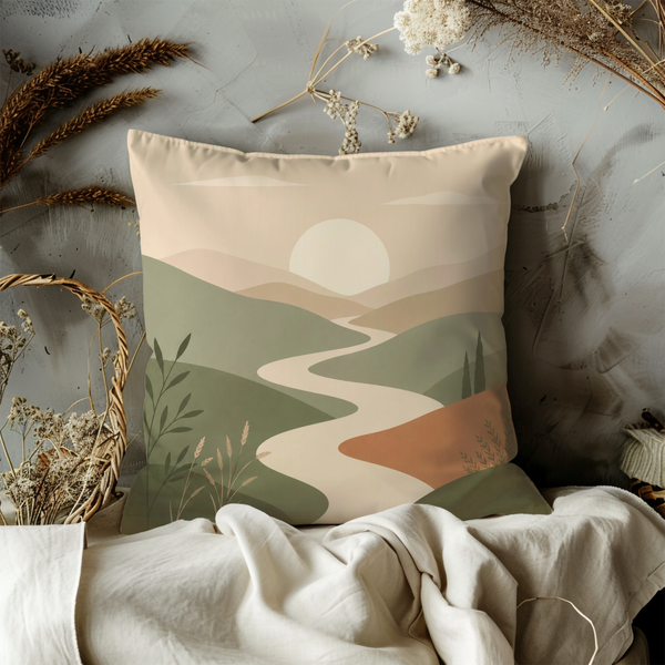 Green Hills Sunset Pillow Cover – Serene Landscape Art | Neutral Boho Decor