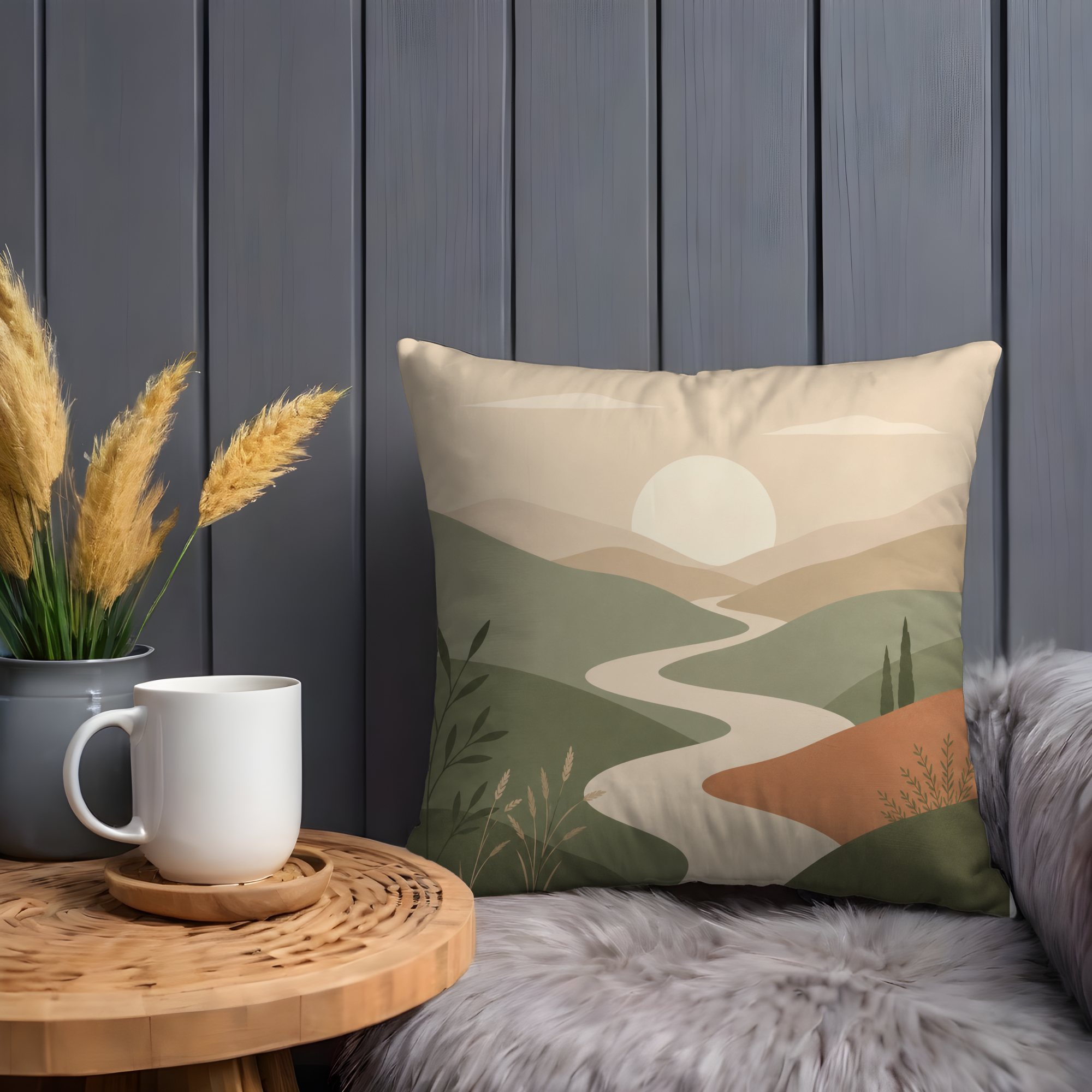 Green Hills Sunset Pillow Cover | Serene Landscape Art | Neutral Boho Decor