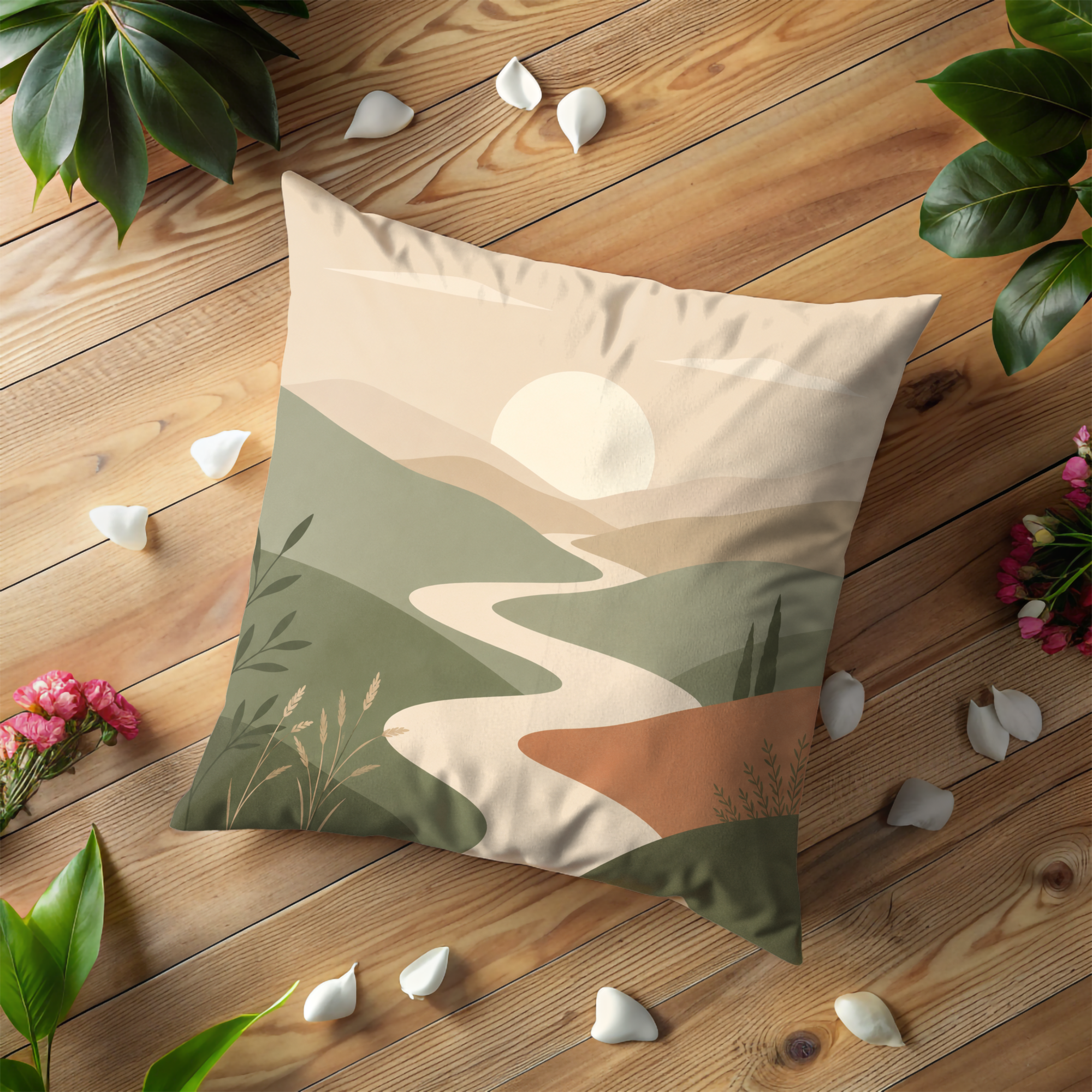 Green Hills Sunset Pillow Cover | Serene Landscape Art | Neutral Boho Decor