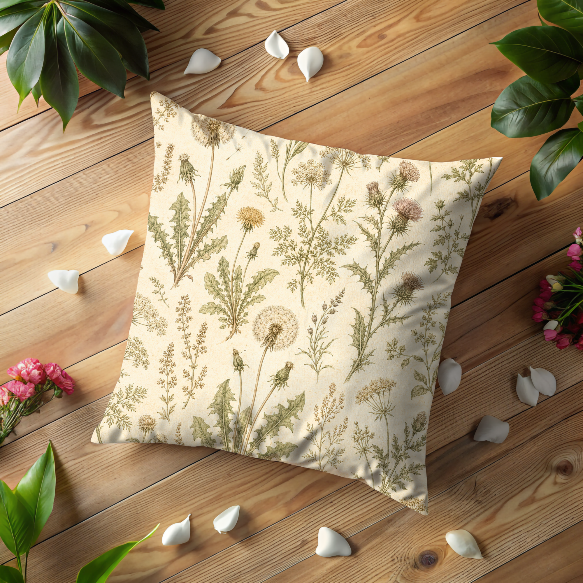 Vintage Botanical Pillow Cover – Dandelion Herbarium Art | Soft Nature Decor