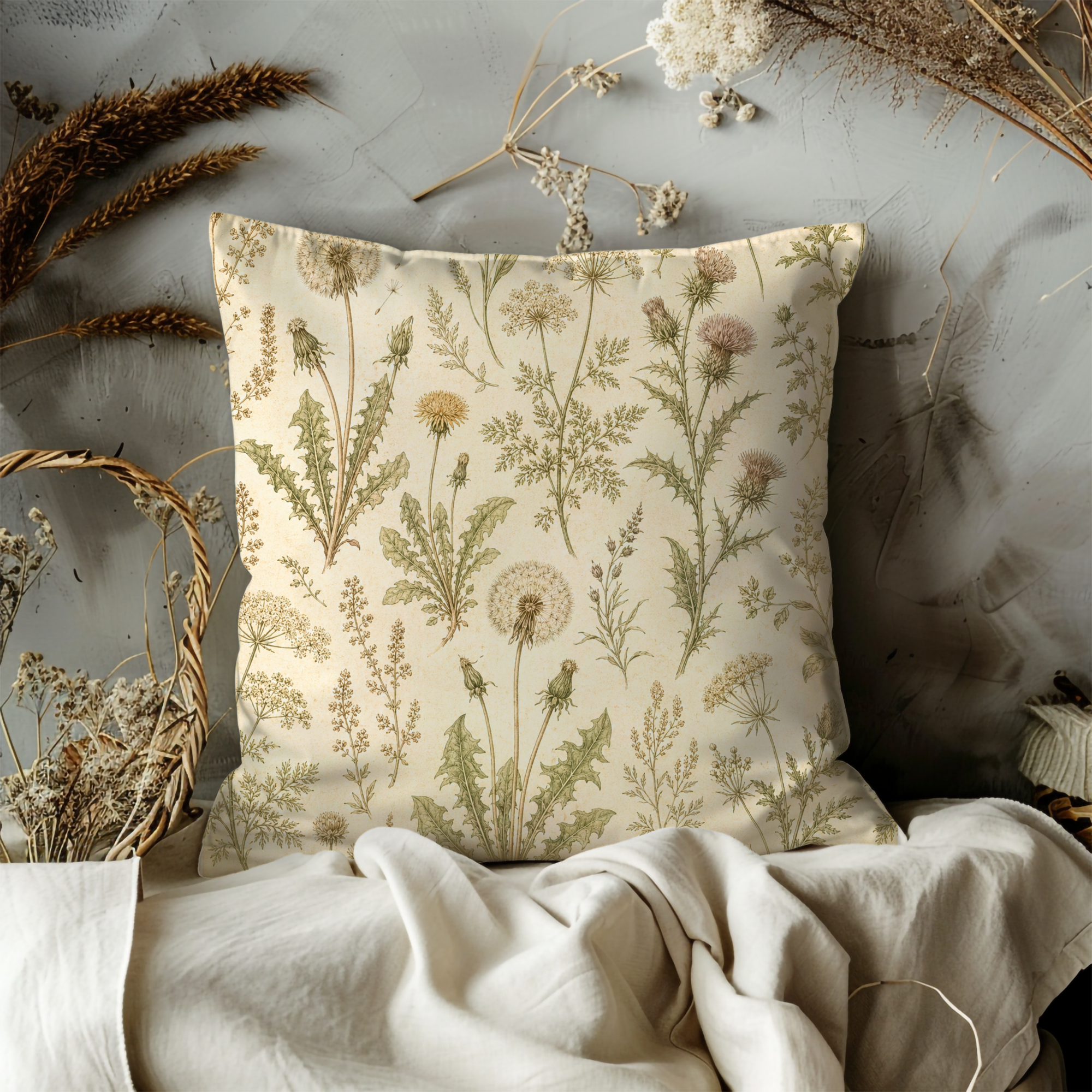 Vintage Botanical Pillow Cover – Dandelion Herbarium Art | Soft Nature Decor