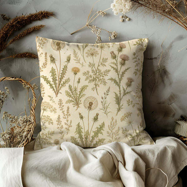 Vintage Botanical Pillow Cover – Dandelion Herbarium Art | Soft Nature Decor