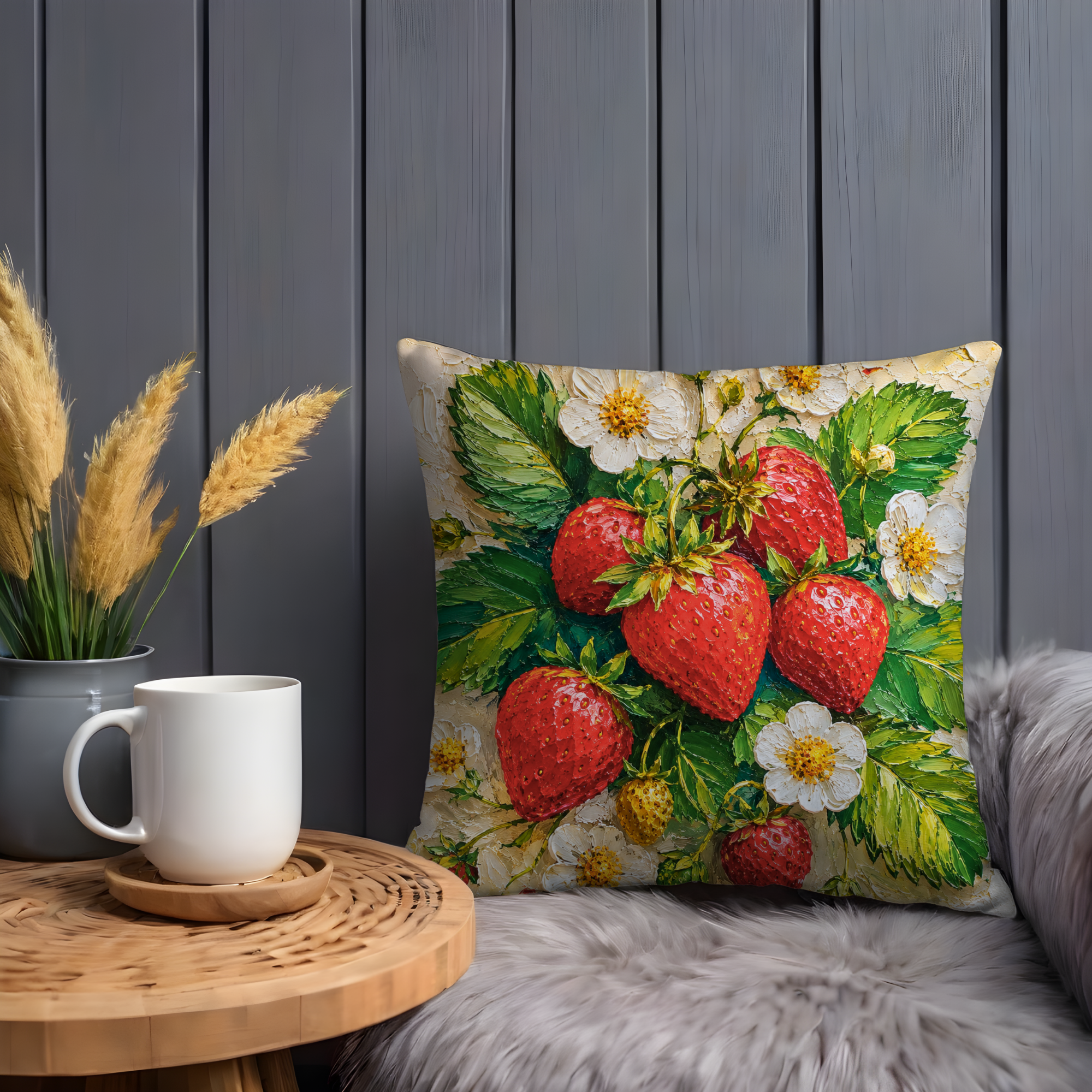 Fresh Strawberries Pillow Cover – Garden Berry Art | Cottagecore Decor
