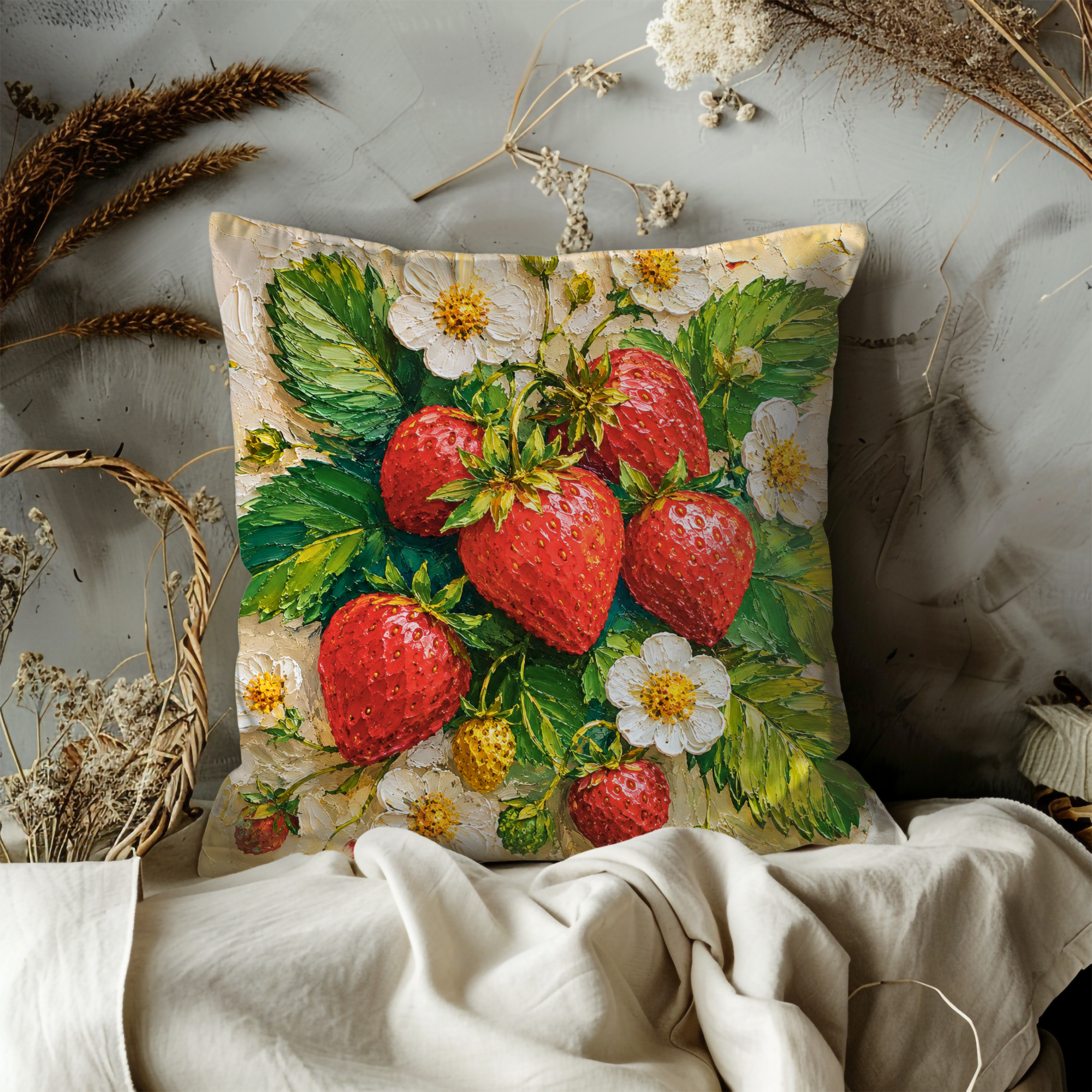 Fresh Strawberries Pillow Cover – Garden Berry Art | Cottagecore Decor