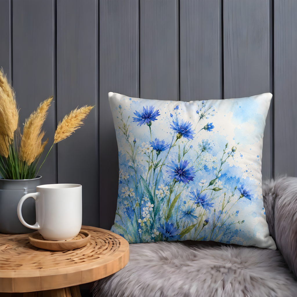 Blue Cornflower Pillow Cover | Delicate Wildflower Art | Soft Nature Decor