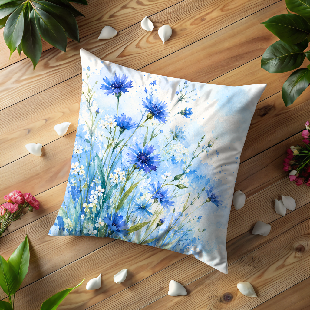 Blue Cornflower Pillow Cover | Delicate Wildflower Art | Soft Nature Decor