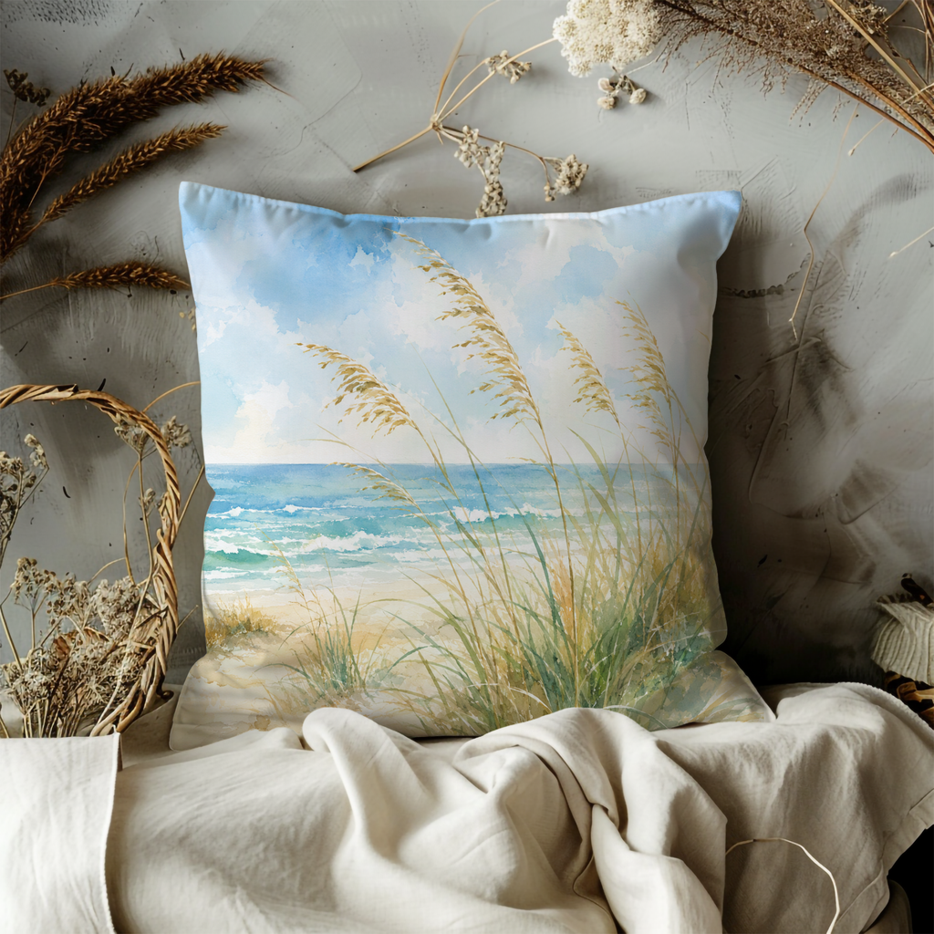 Beach Grass Ocean Pillow Cover | Serene Coastal Art | Neutral Boho Decor