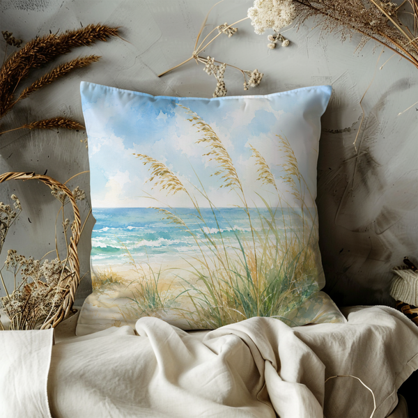 Beach Grass Ocean Pillow Cover – Serene Coastal Art | Neutral Boho Decor