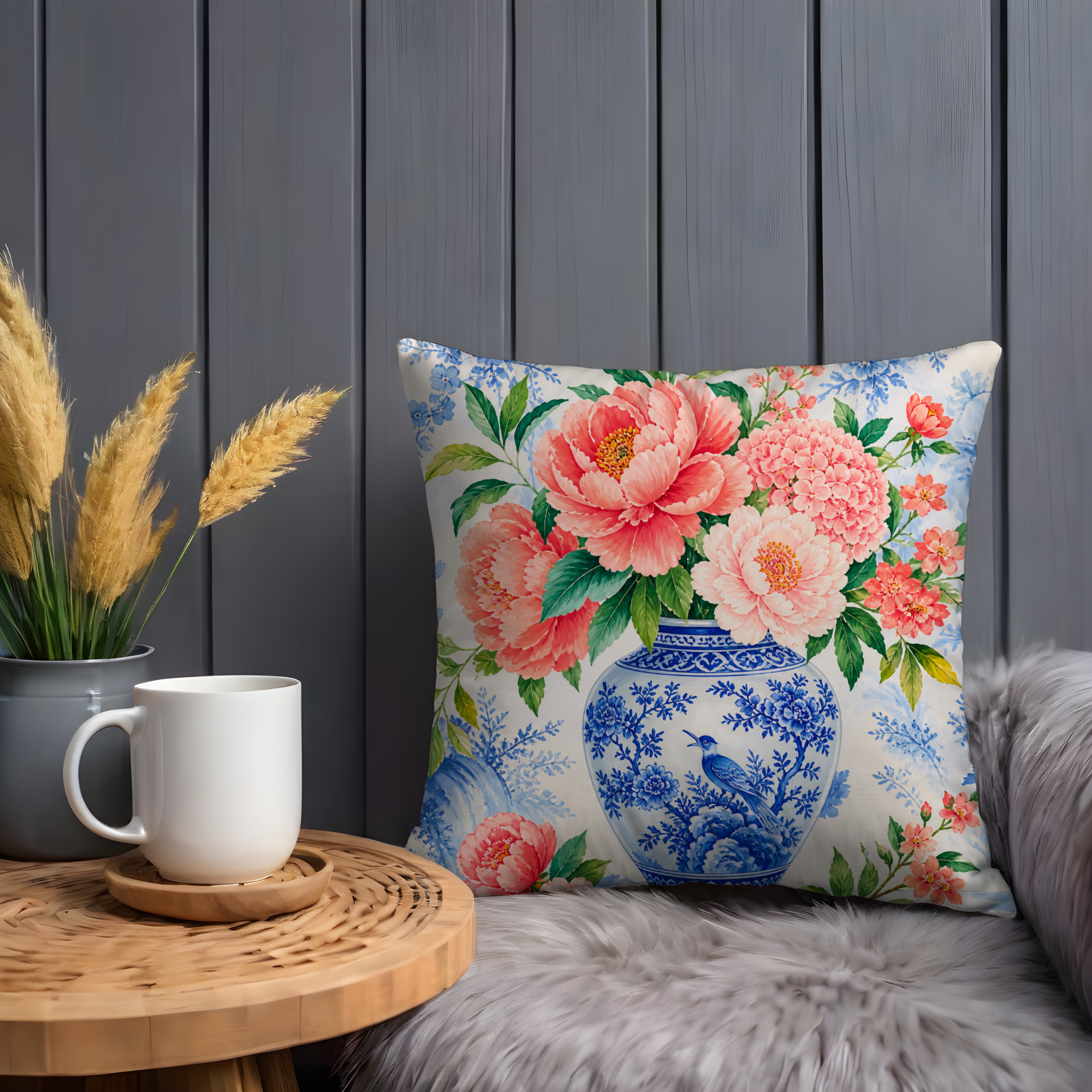 Chinoiserie Floral Pillow Cover | Pink Peony Vase Art | Elegant Decor