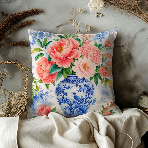 Chinoiserie Floral Pillow Cover – Pink Peony Vase Art | Elegant Decor