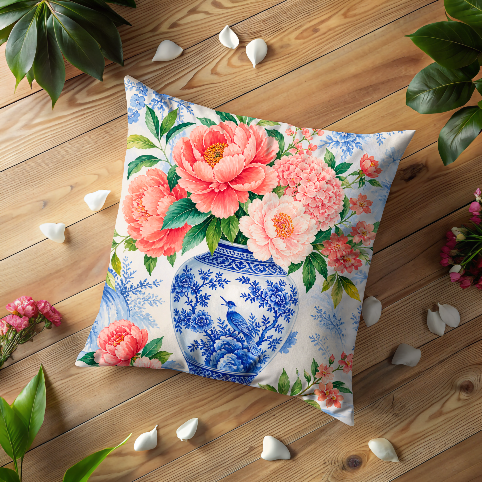 Chinoiserie Floral Pillow Cover | Pink Peony Vase Art | Elegant Decor