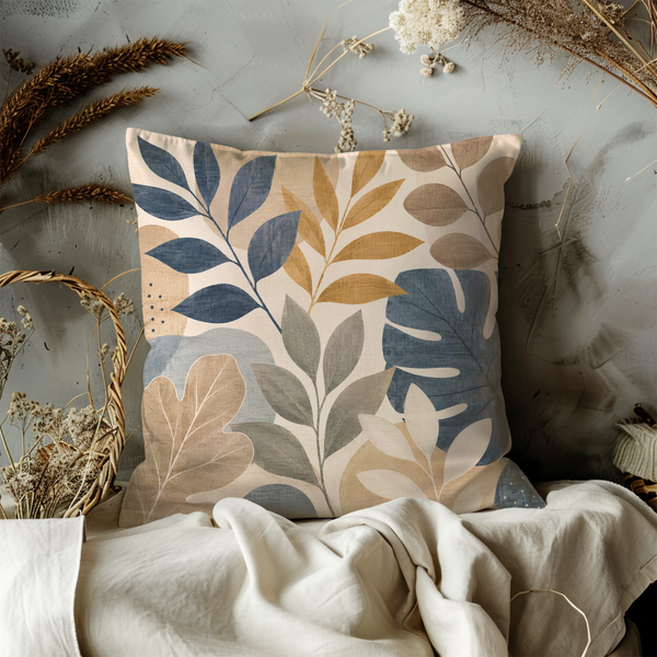 Blue Beige Leaf Pillow Cover – Modern Botanical Art | Neutral Boho Decor