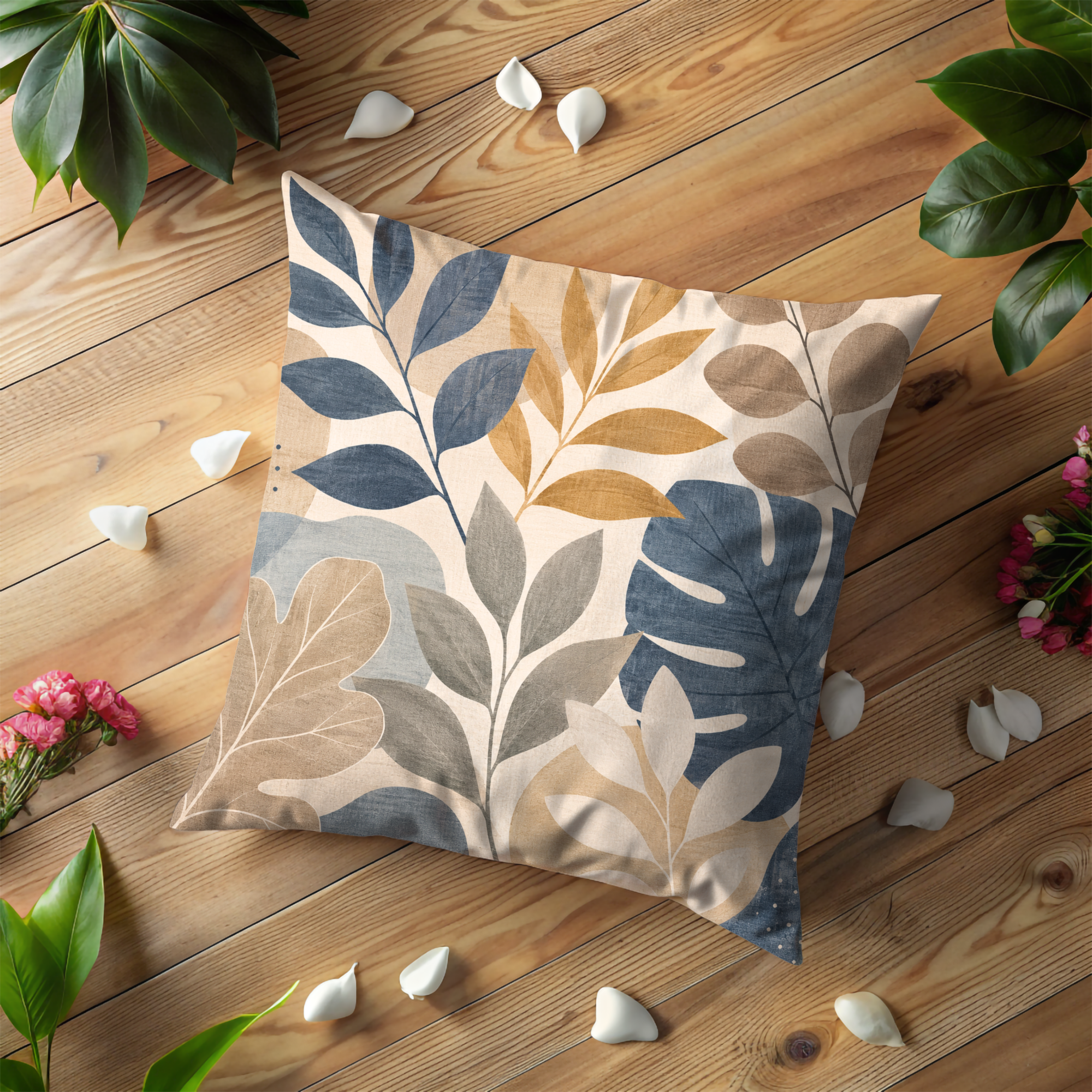 Blue Beige Leaf Pillow Cover | Modern Botanical Art | Neutral Boho Decor