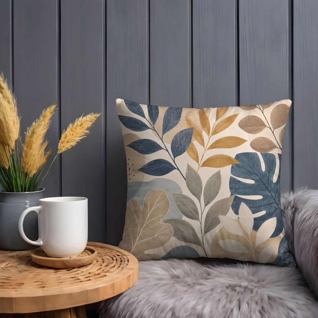 Blue Beige Leaf Pillow Cover | Modern Botanical Art | Neutral Boho Decor