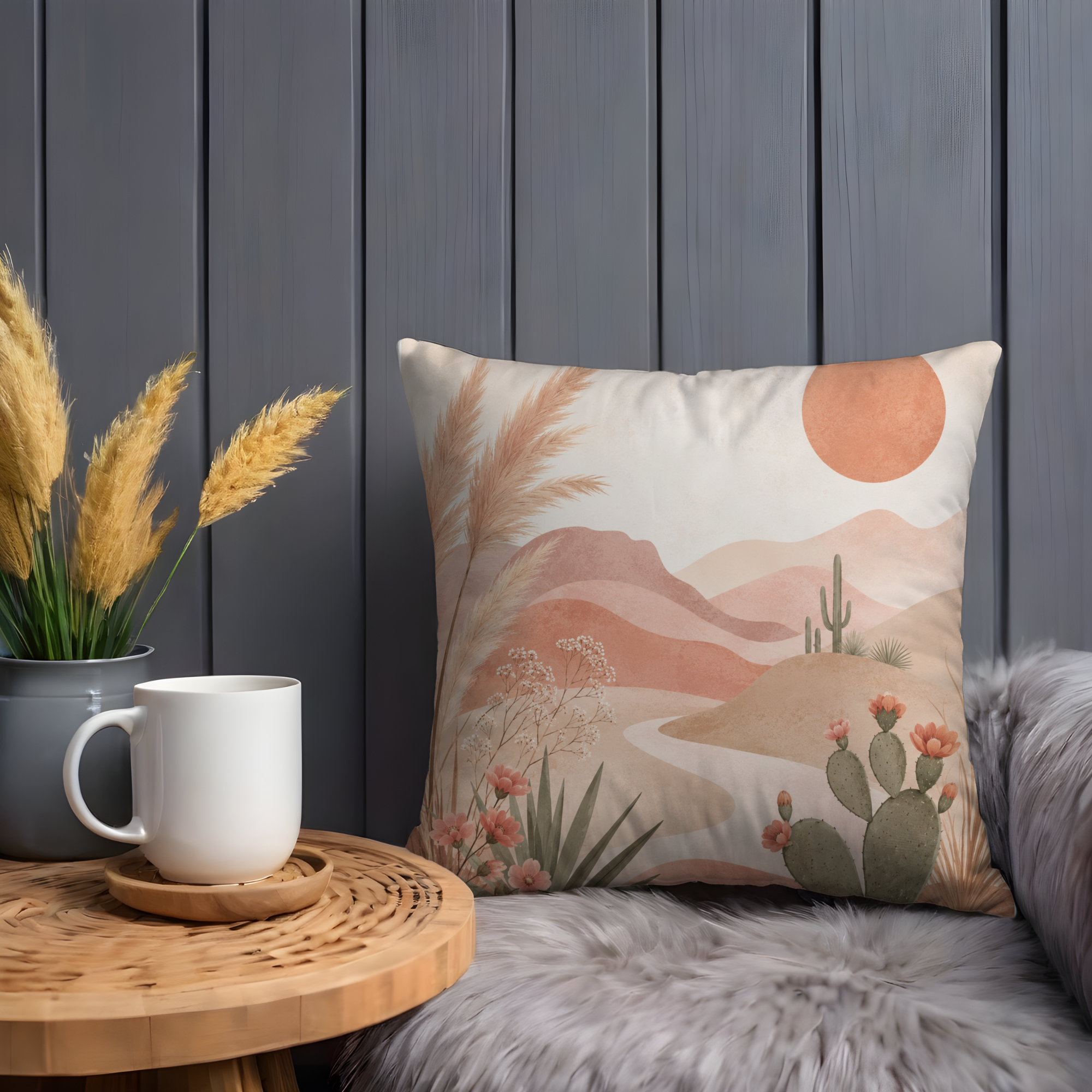 Desert Pampas Pillow Cover | Soft Sunset Landscape | Warm Nature Decor