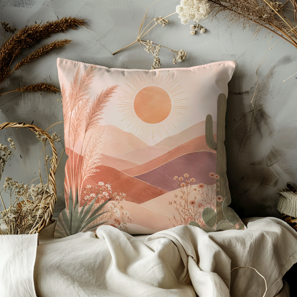 Desert Sunset Pillow Cover – Serene Landscape Art | Neutral Boho Decor